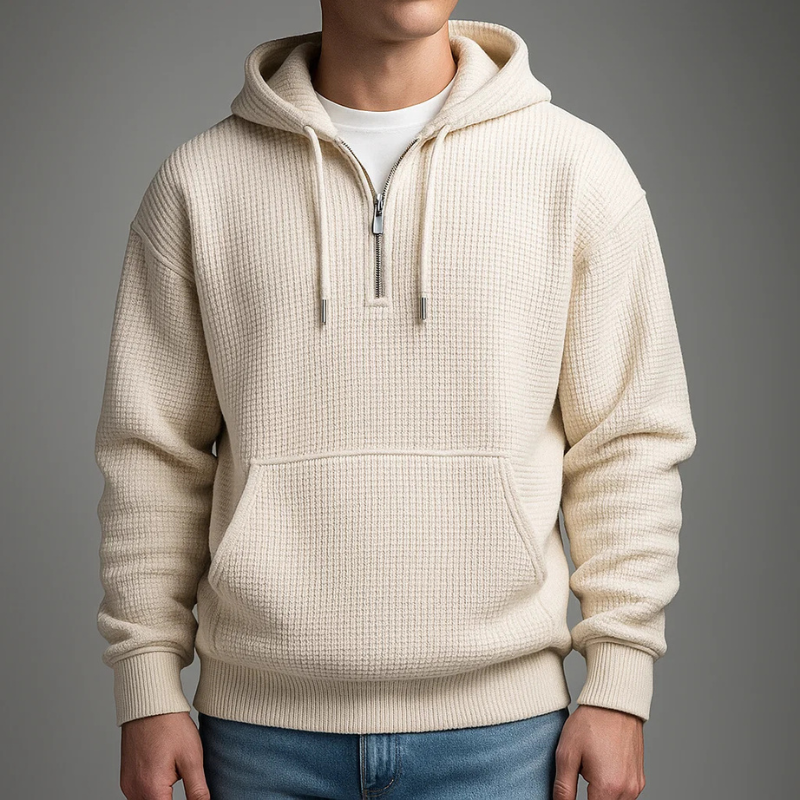 Men's Quarter Zip Waffle Hoodie in Cream