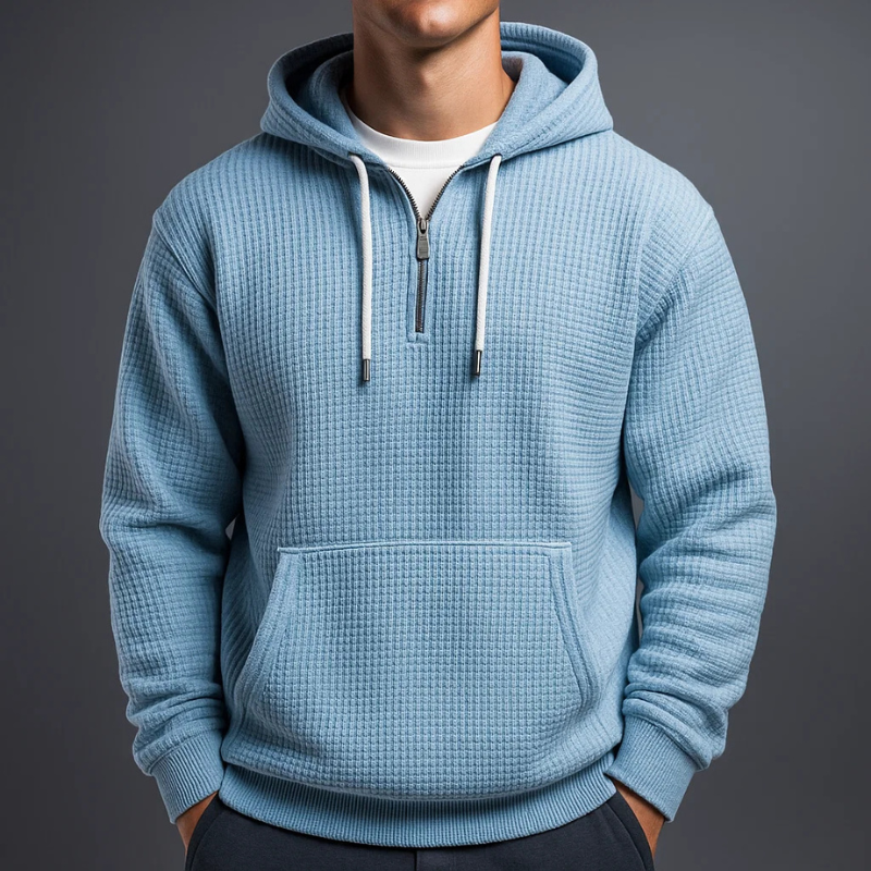 Men's Quarter Zip Waffle Hoodie in Light Blue