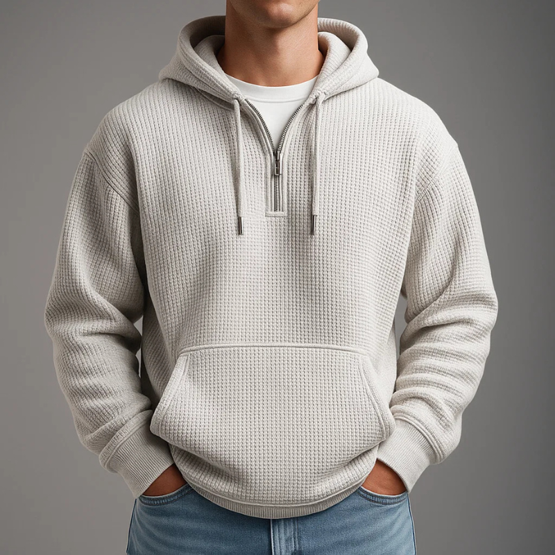 Men's Quarter Zip Waffle Hoodie in Light Gray