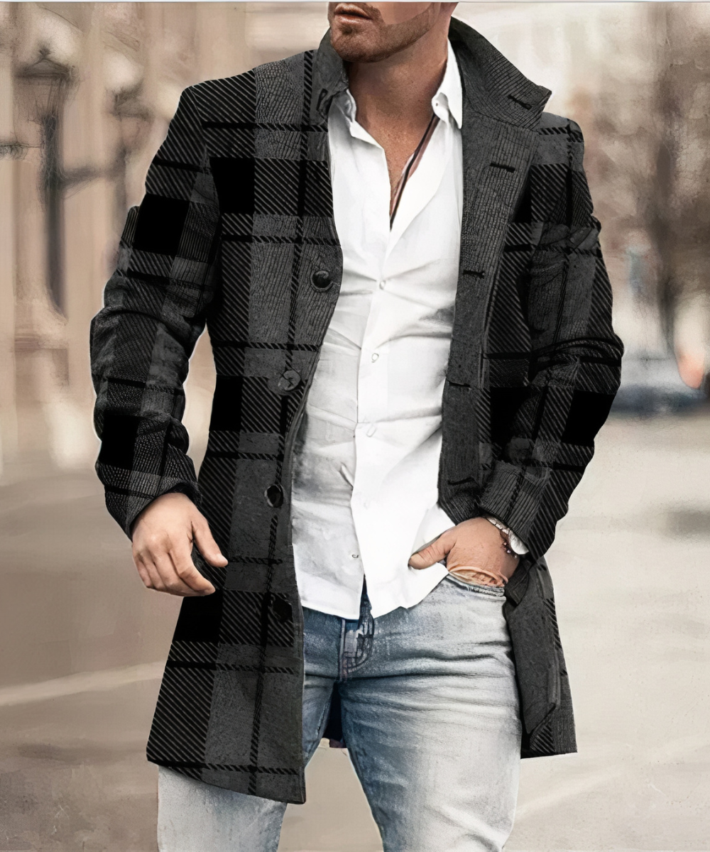 Men's Single Breasted Trench Coat in Black Plaid