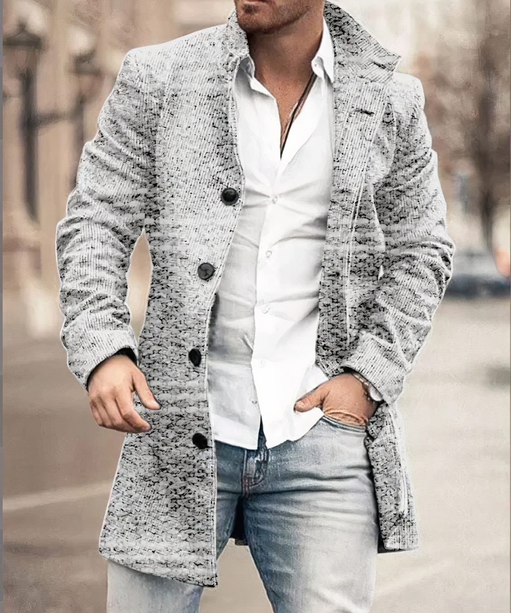 Men's Single Breasted Trench Coat in Light Gray Tweed