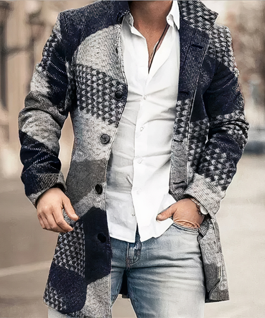 Men's Single Breasted Trench Coat in Navy Houndstooth