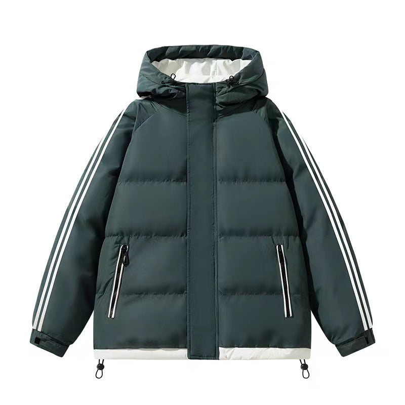 Men's Two Stripe Puffer Winter Jacket in Dark Green