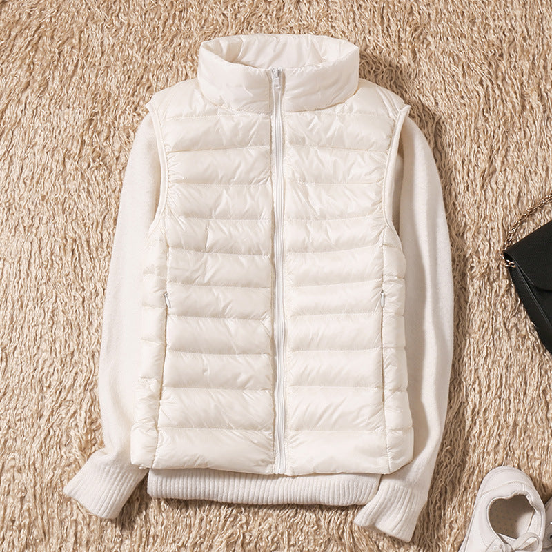 Champagne lightweight quilted vest for women.