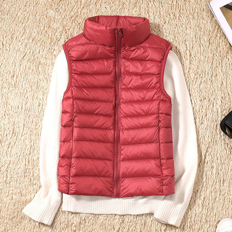 Red lightweight quilted vest for women.
