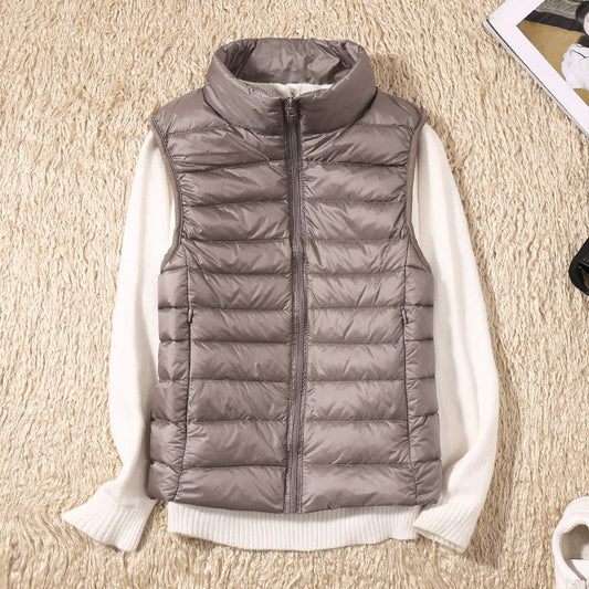 Taupe lightweight quilted vest for women.