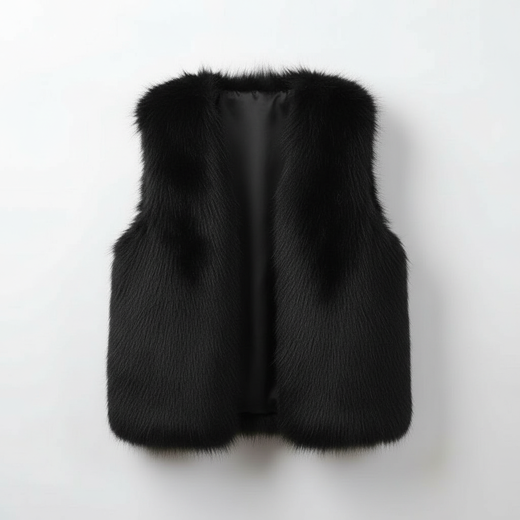 Woman wearing a plush faux fur vest