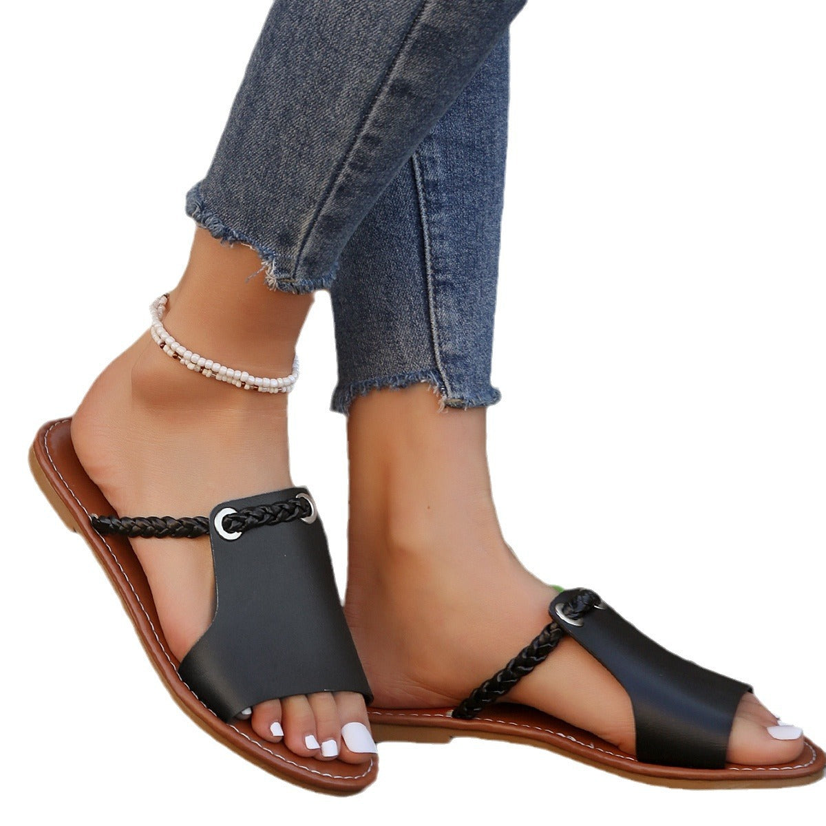 Women's braided toe flat slide sandals