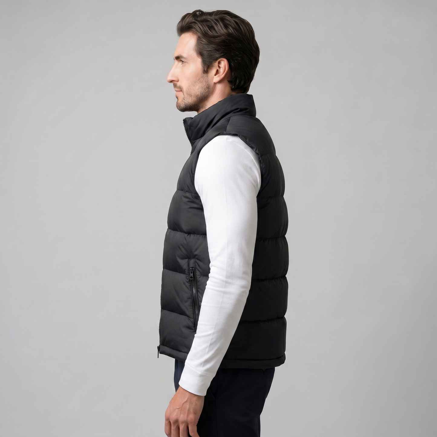 Man wearing a men's quilted puffer vest with a stand collar and full zip front