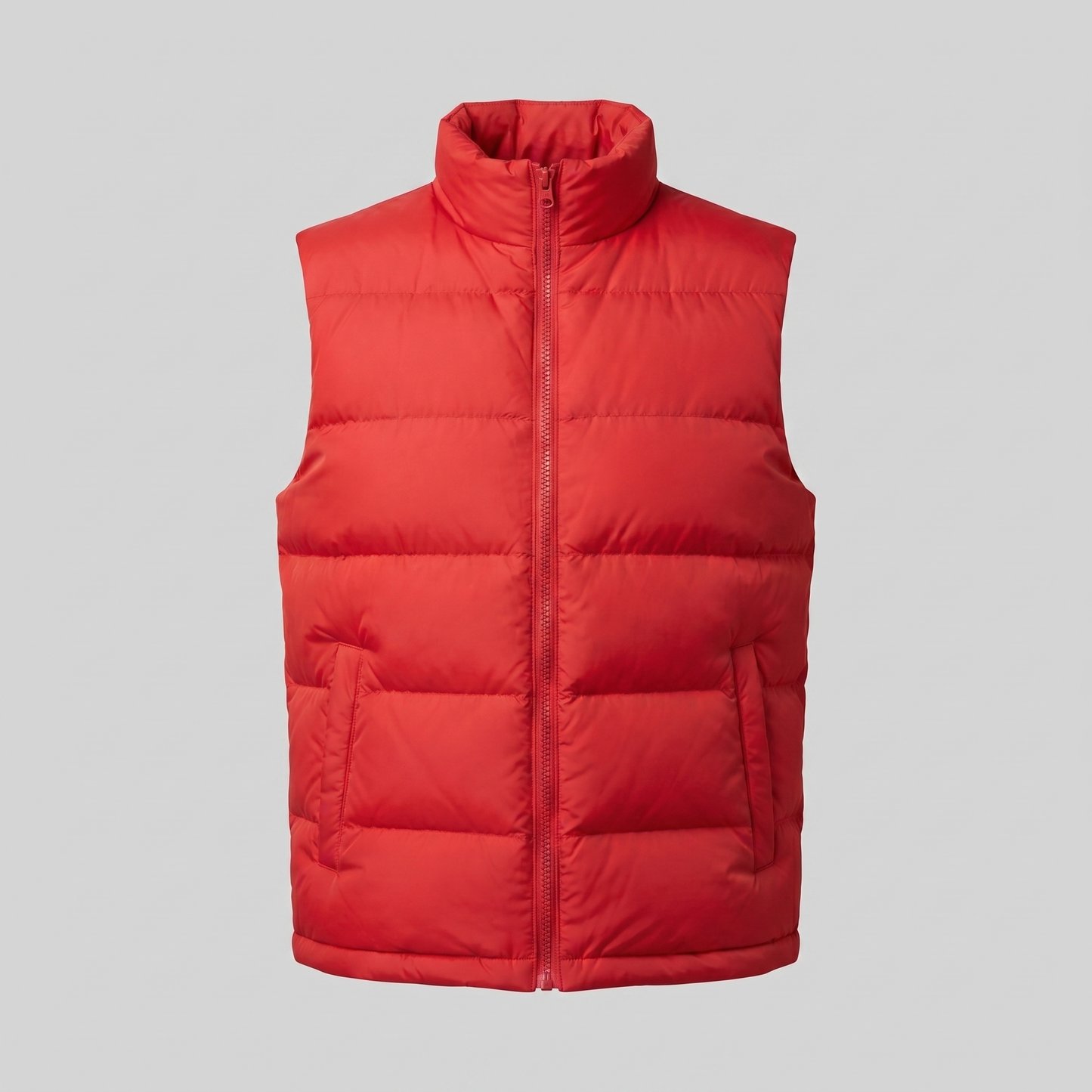 Man wearing a men's quilted puffer vest with a stand collar and full zip front