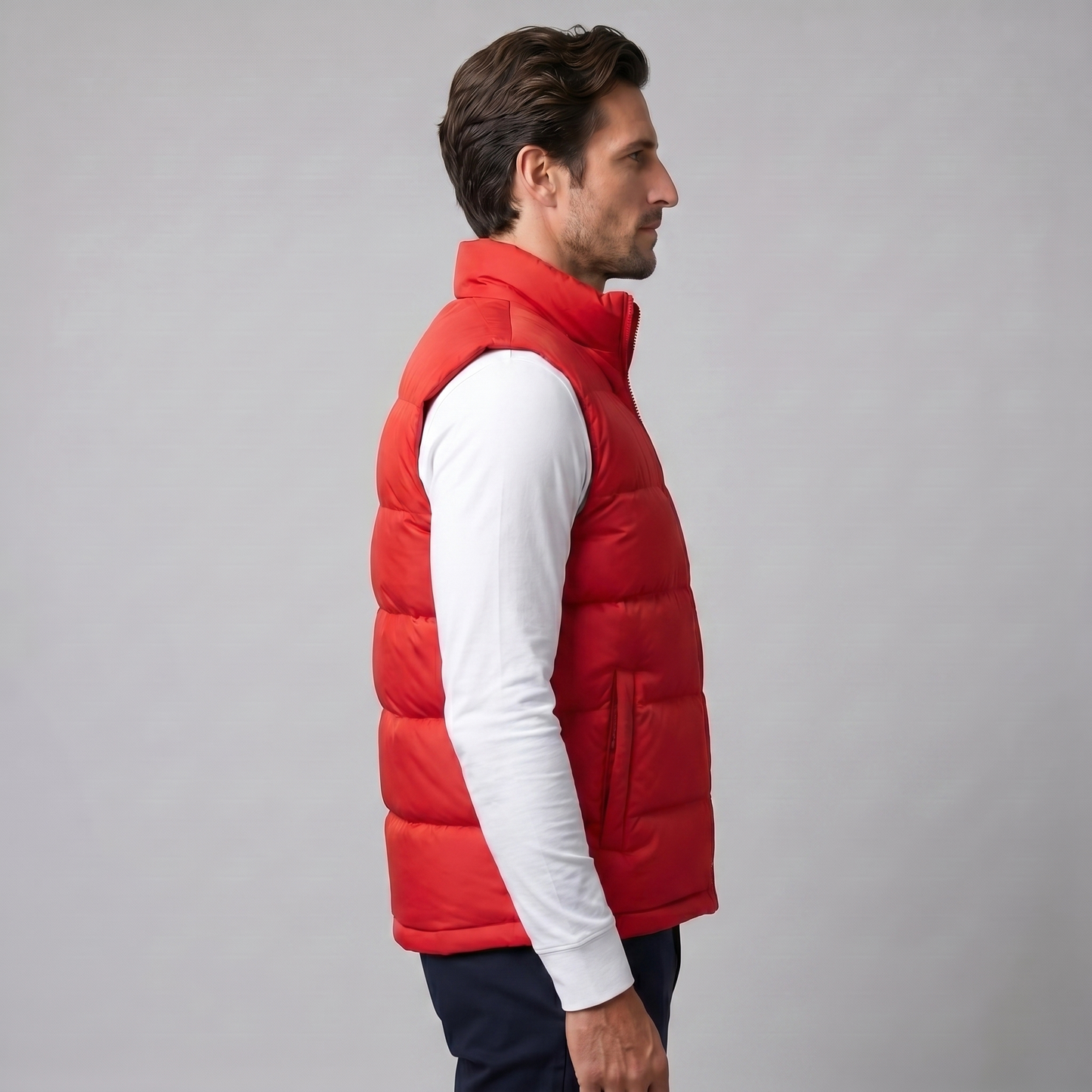 Man wearing a men's quilted puffer vest with a stand collar and full zip front