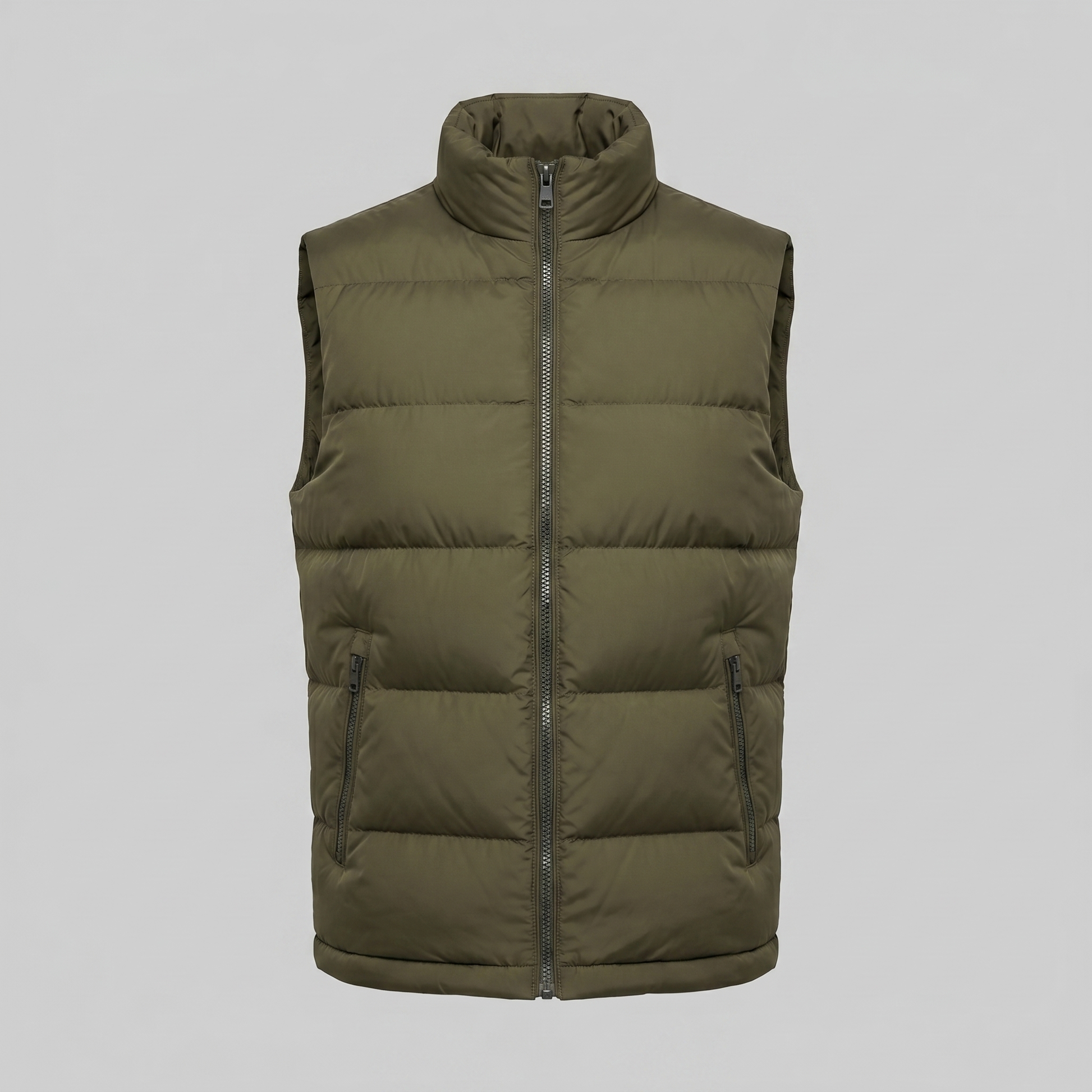 Man wearing a men's quilted puffer vest with a stand collar and full zip front