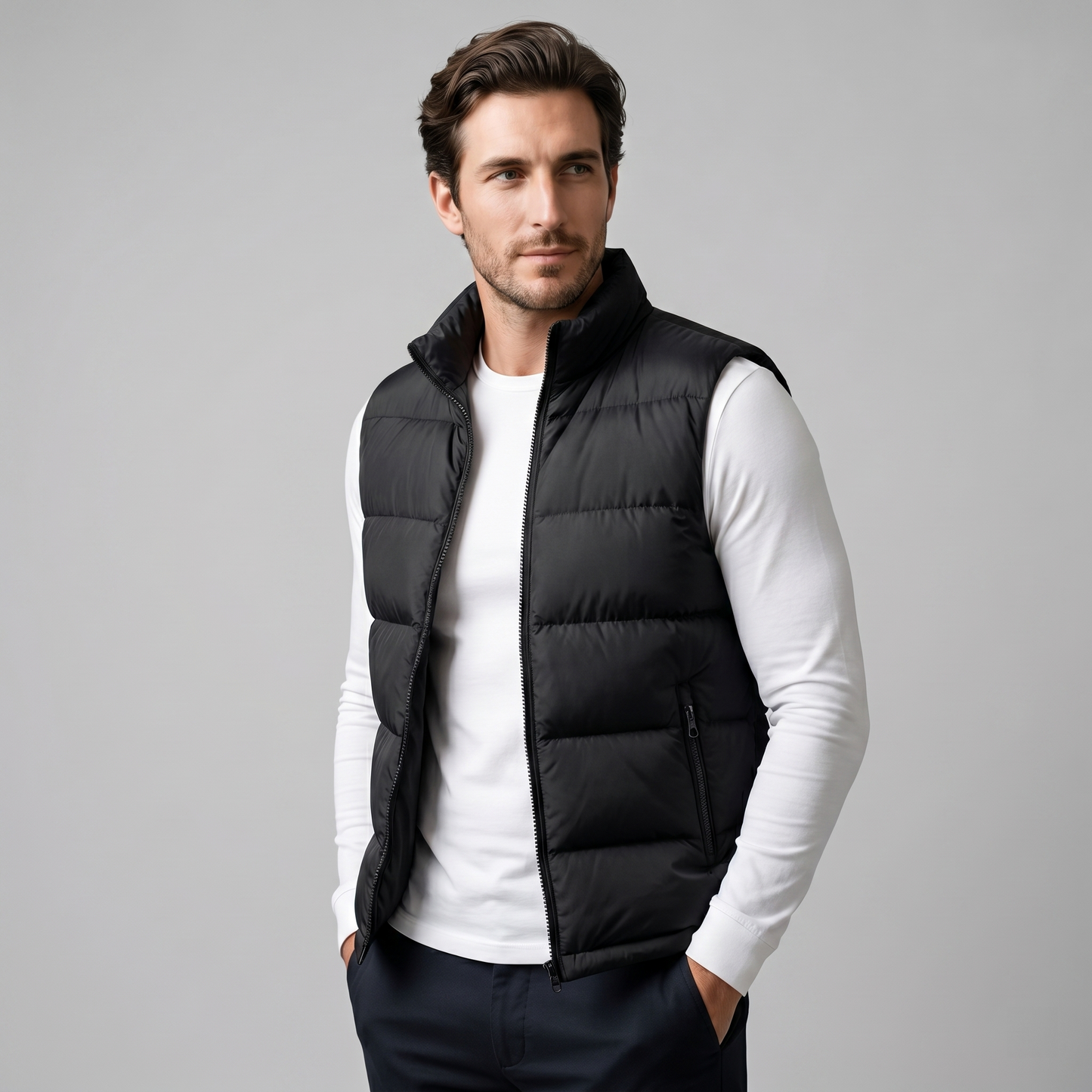 Man wearing a men's quilted puffer vest with a stand collar and full zip front