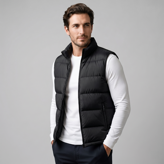 Man wearing a men's quilted puffer vest with a stand collar and full zip front