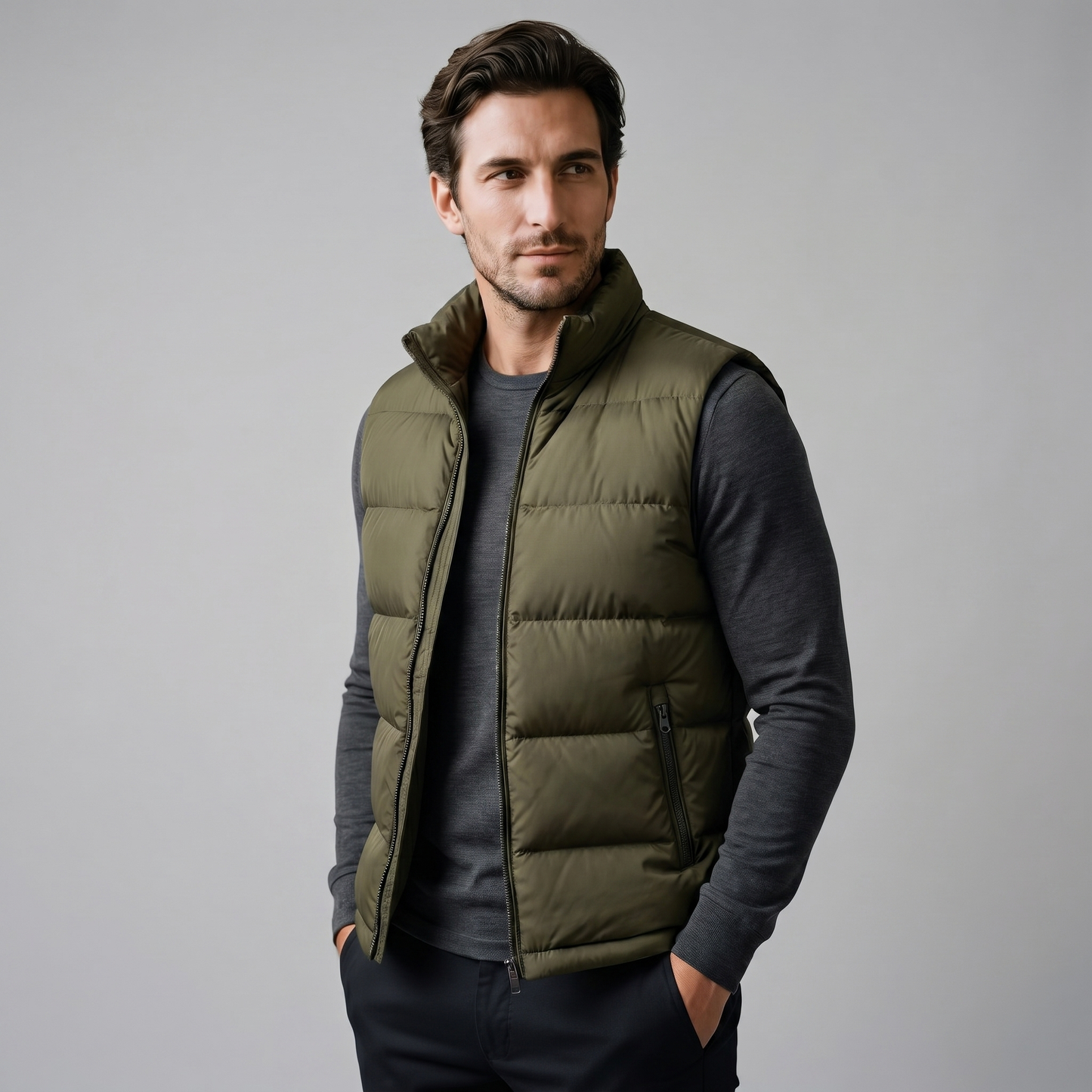 Man wearing a men's quilted puffer vest with a stand collar and full zip front