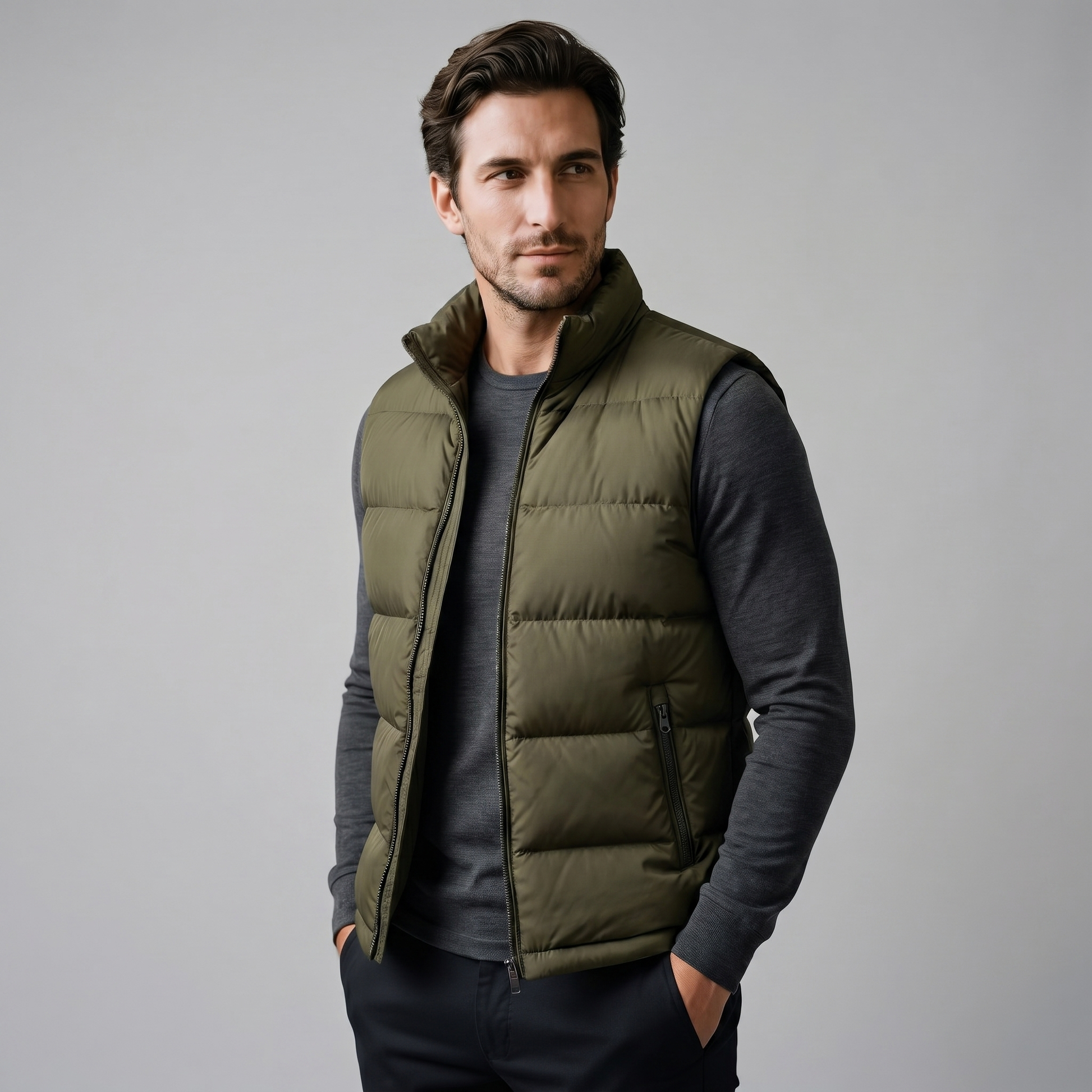 Man wearing a men's quilted puffer vest with a stand collar and full zip front