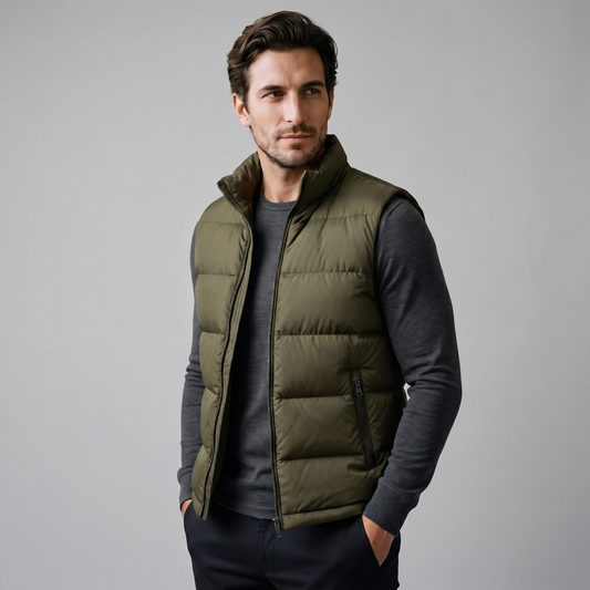 Man wearing a men's quilted puffer vest with a stand collar and full zip front
