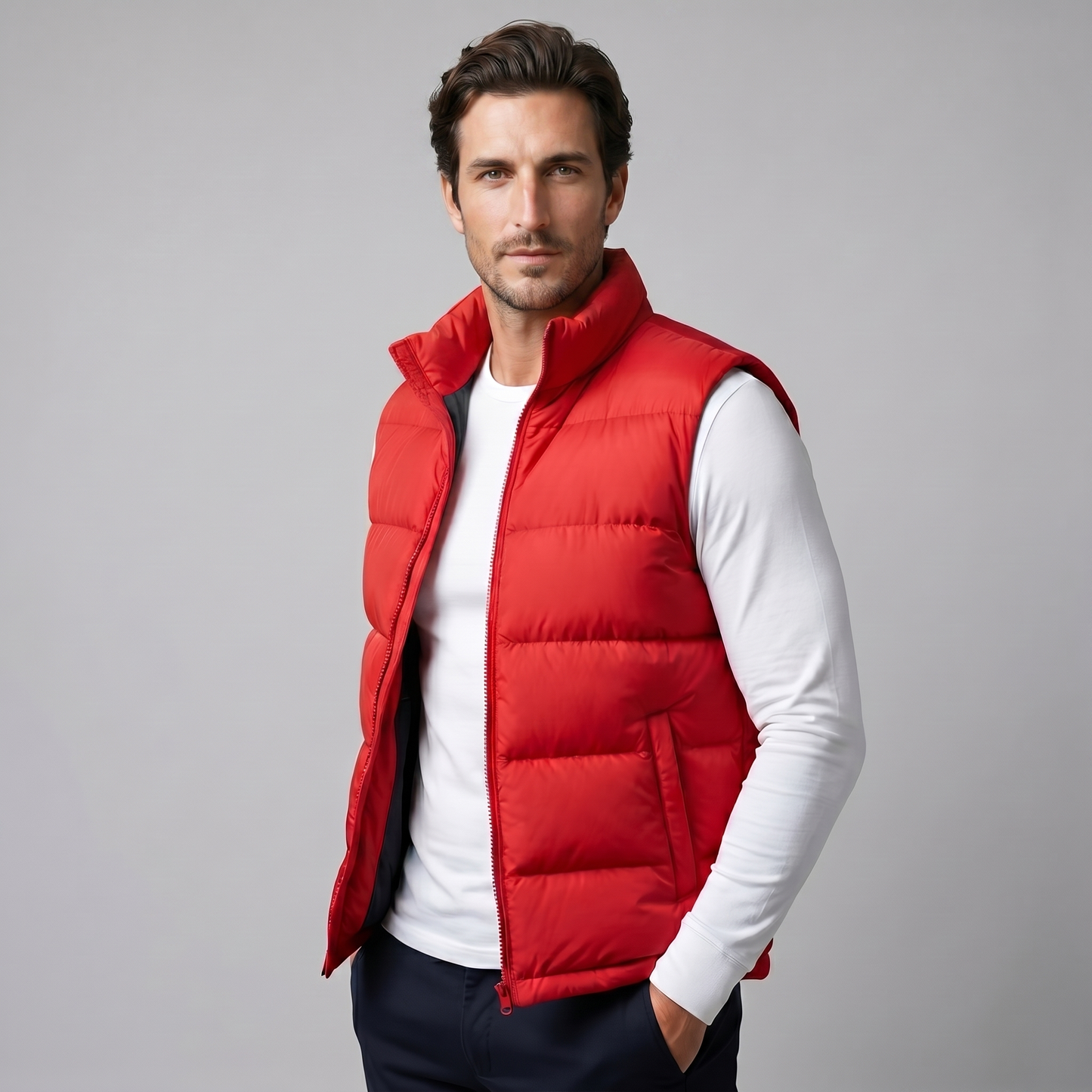 Man wearing a men's quilted puffer vest with a stand collar and full zip front