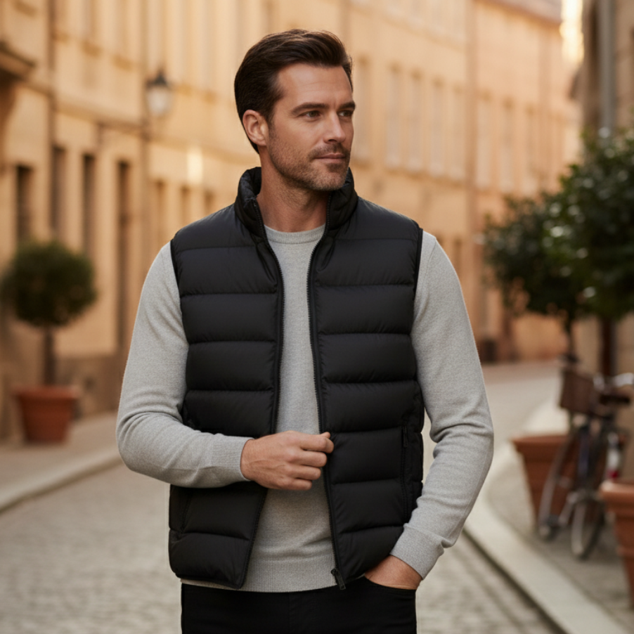 Stand Collar Puffer Vest for men, detail view.