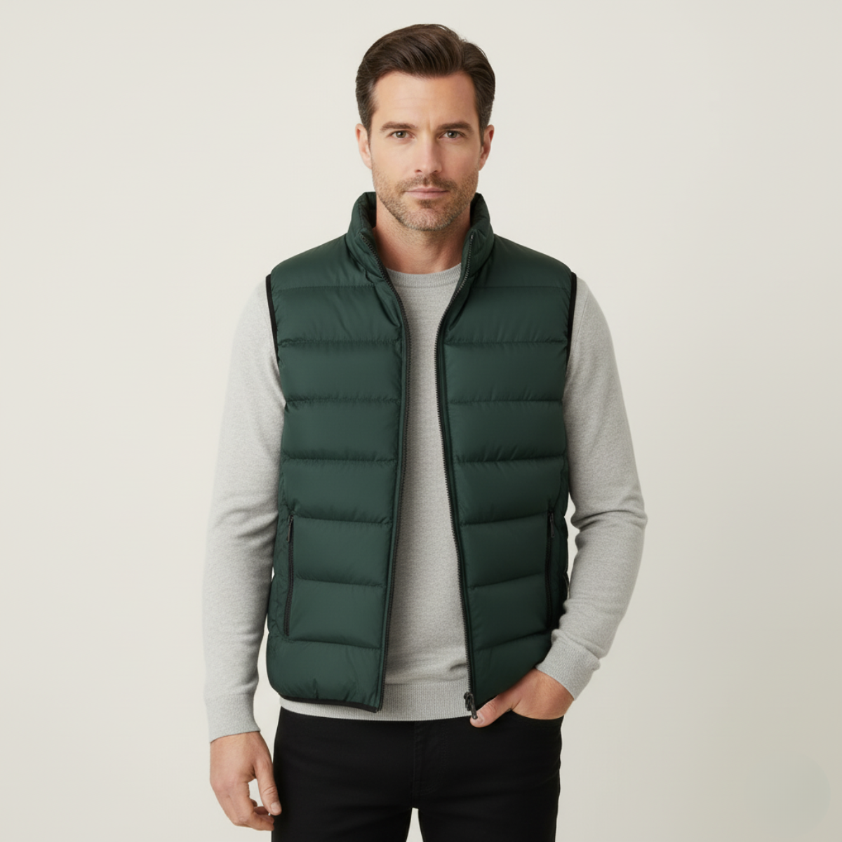 Stand Collar Puffer Vest for men, detail view.