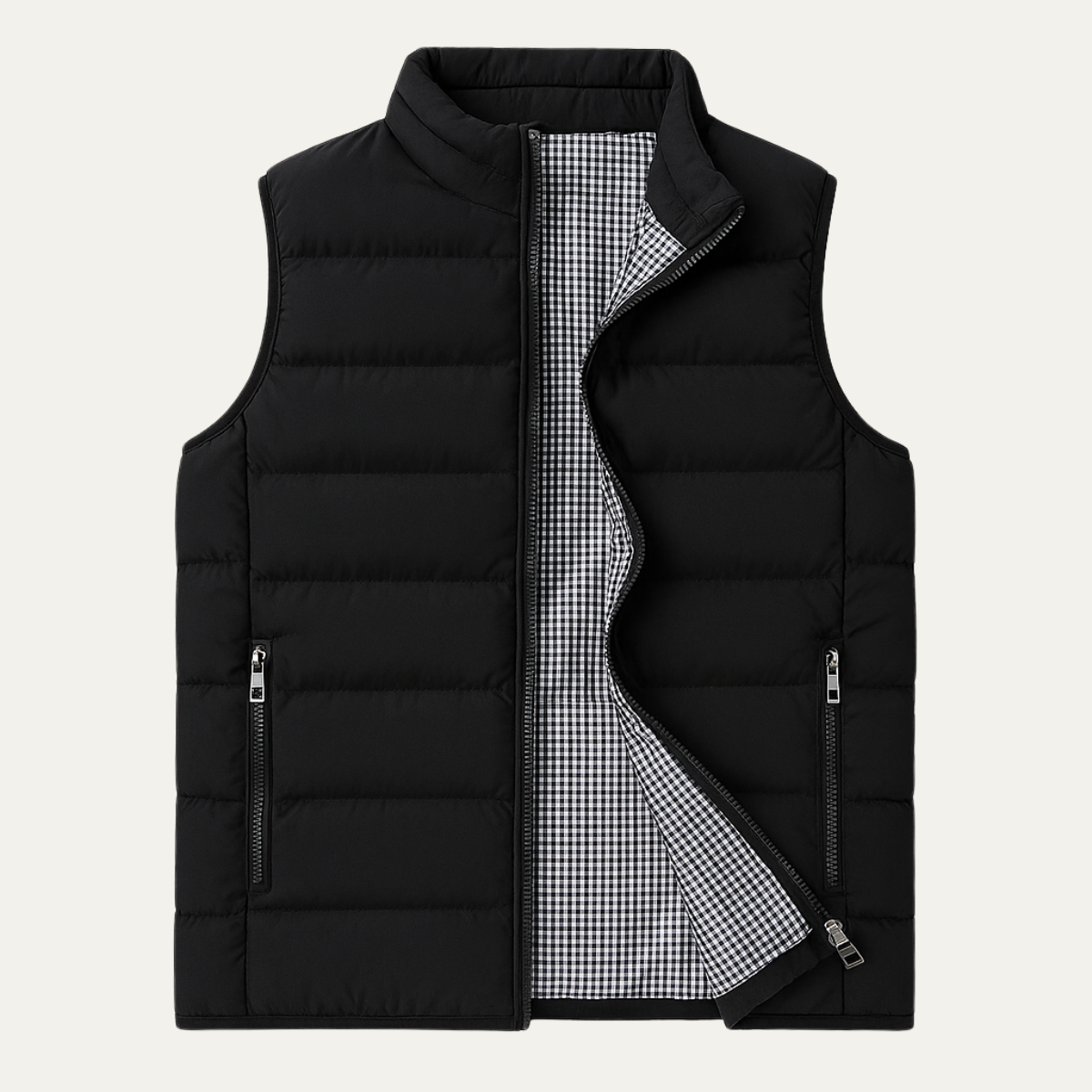 Black stand collar puffer vest for men.