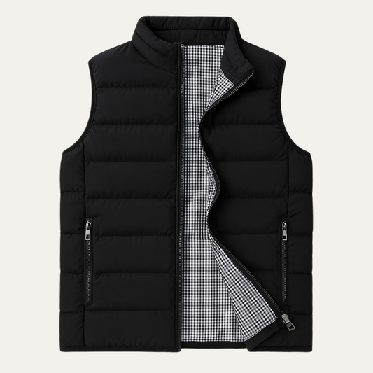 Black stand collar puffer vest for men.