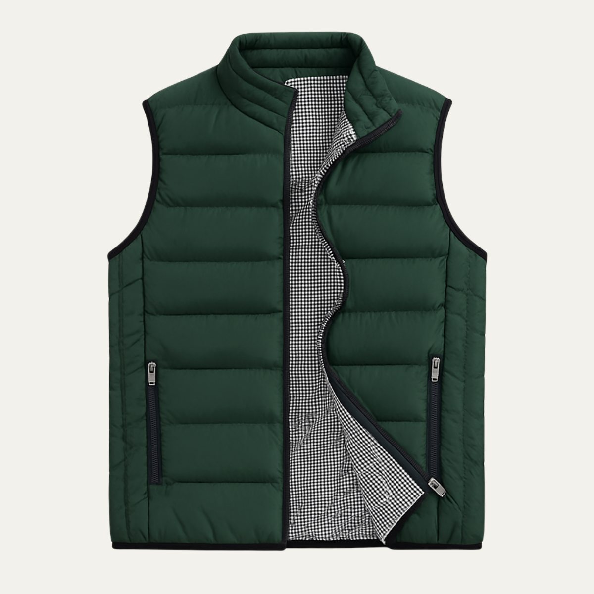 Forest Green stand collar puffer vest for men.