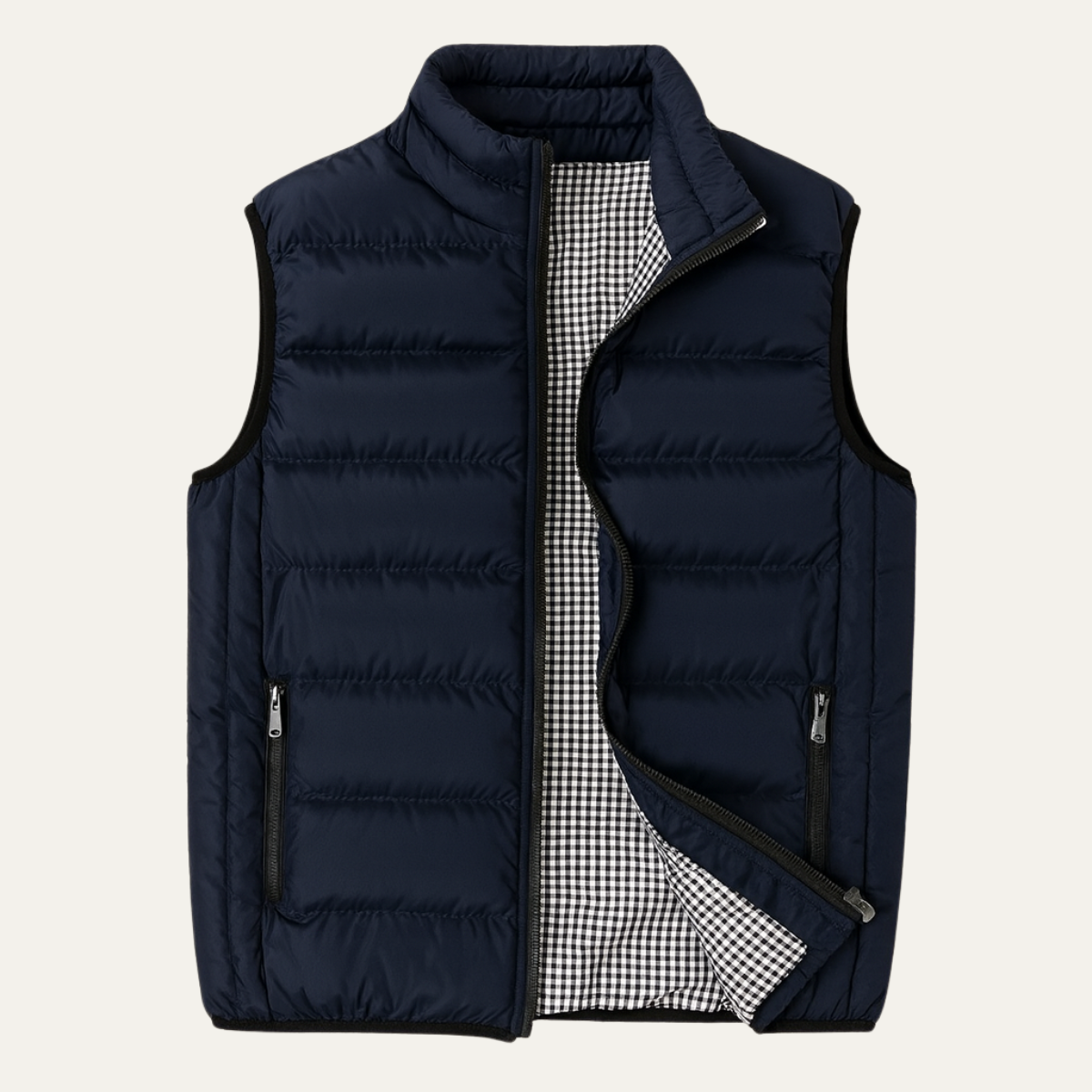 Navy stand collar puffer vest for men.