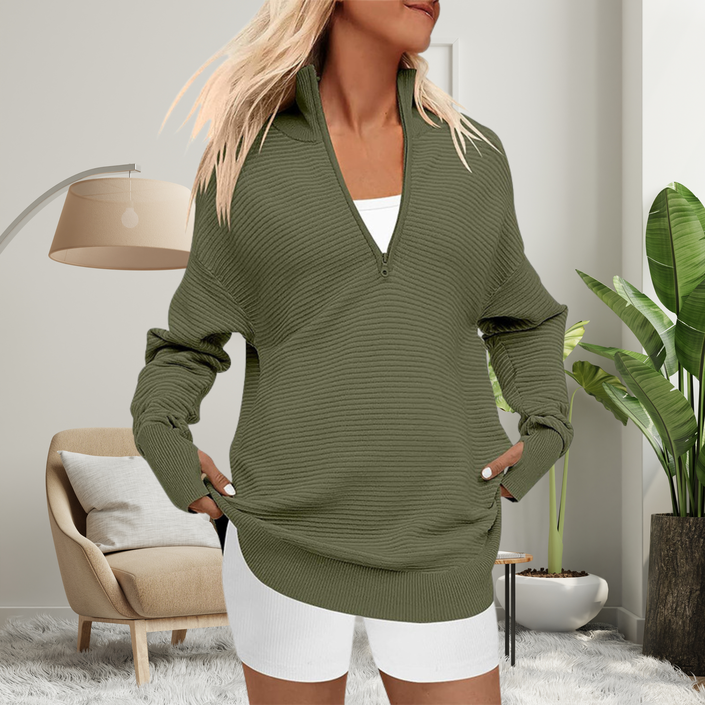 Woman wearing a quarter zip collared pullover sweater