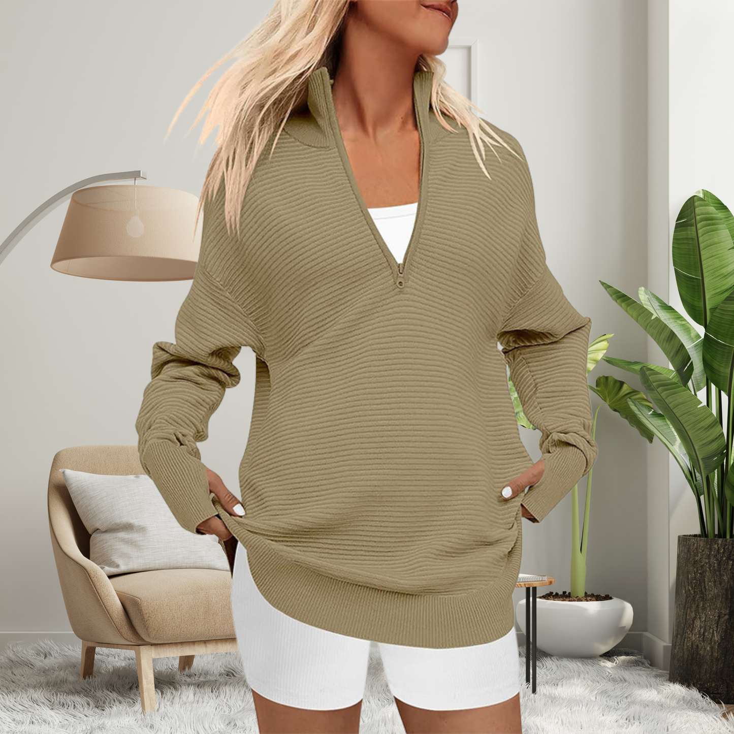 Woman wearing a quarter zip collared pullover sweater