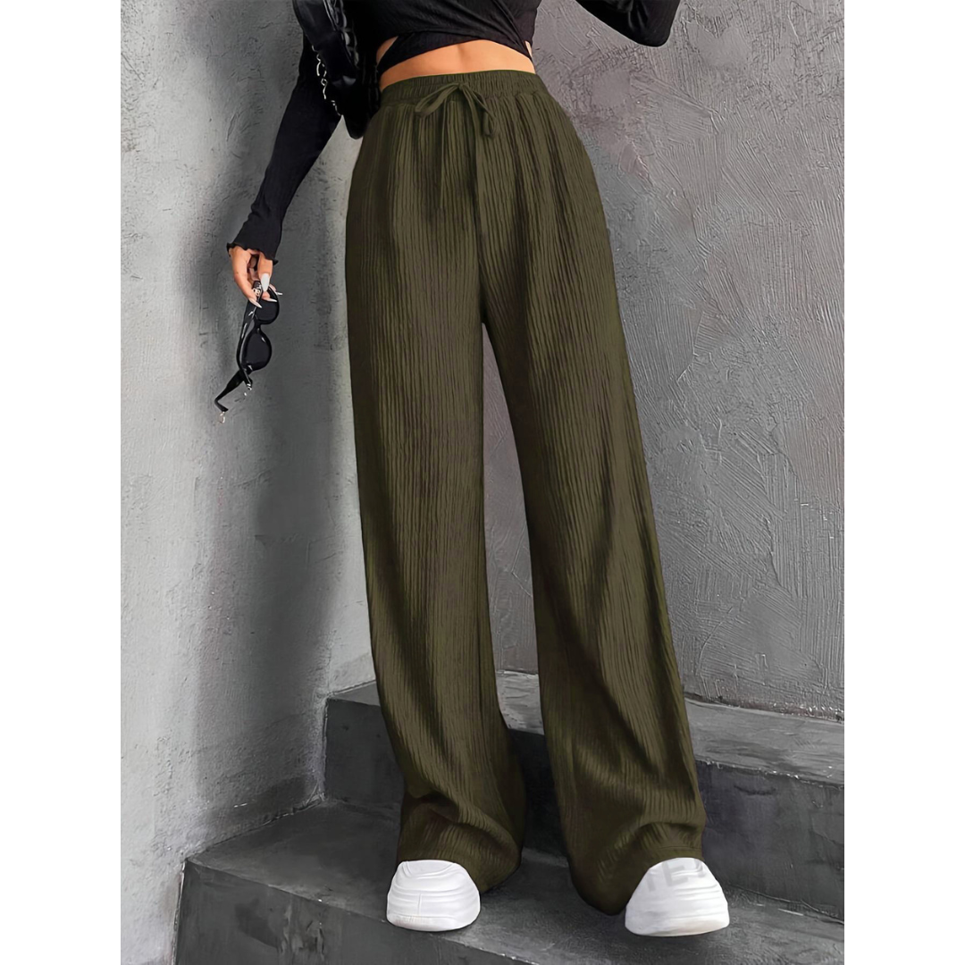 Woman wearing wide waist everyday comfort pants