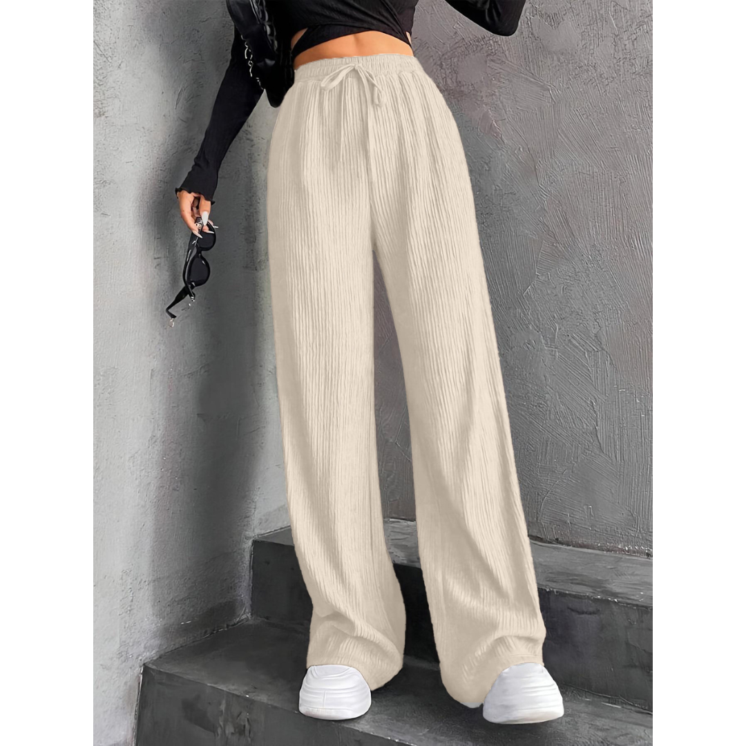 Woman wearing wide waist everyday comfort pants