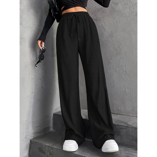 Woman wearing wide waist everyday comfort pants