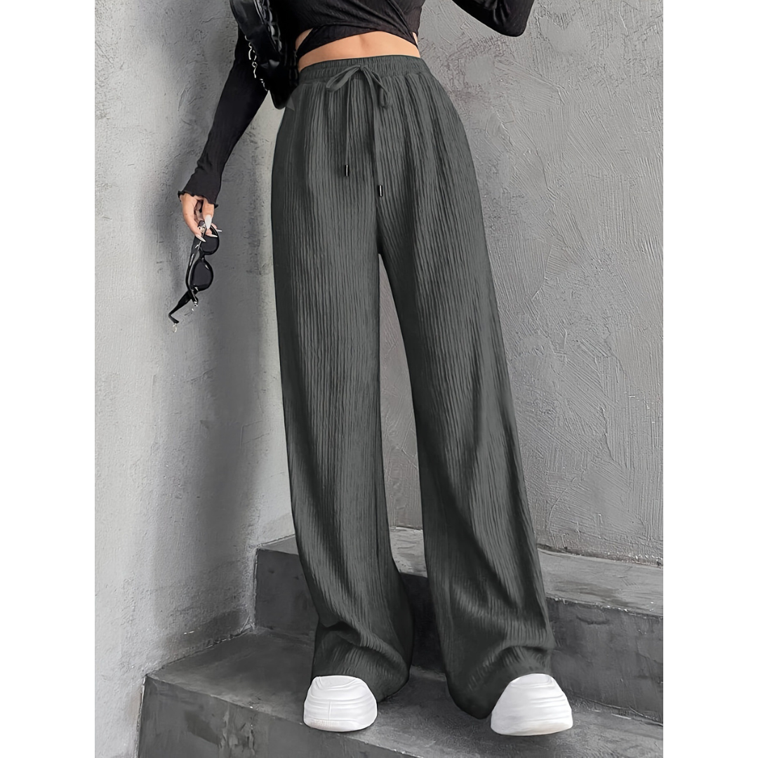 Woman wearing wide waist everyday comfort pants