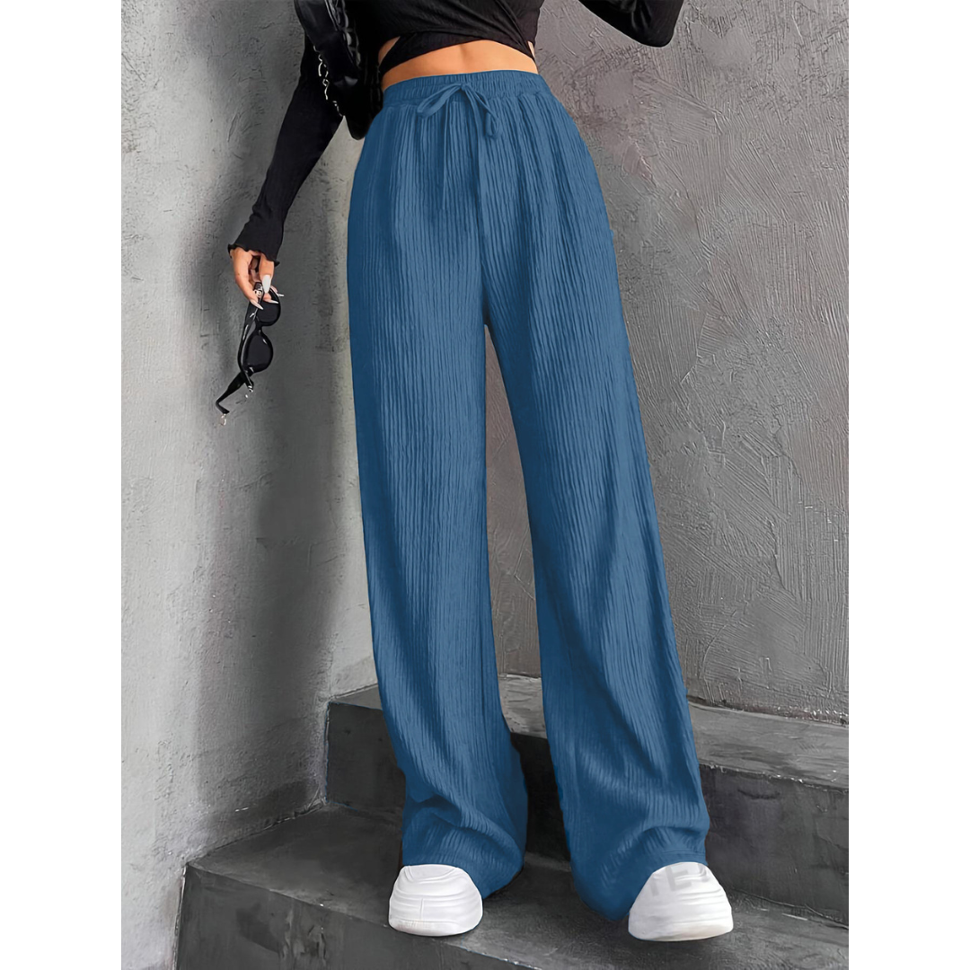 Woman wearing wide waist everyday comfort pants