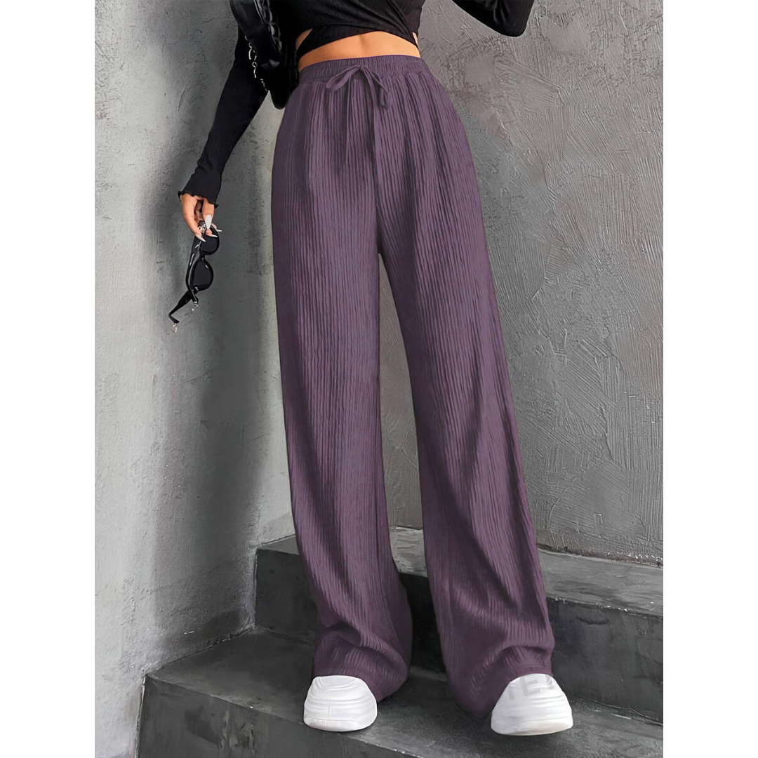 Woman wearing wide waist everyday comfort pants