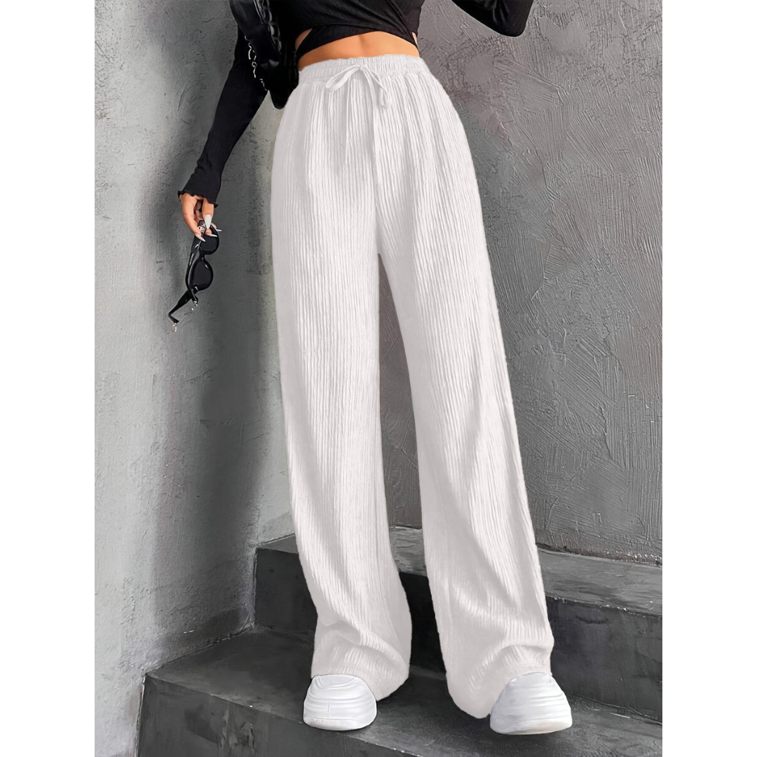 Woman wearing wide waist everyday comfort pants