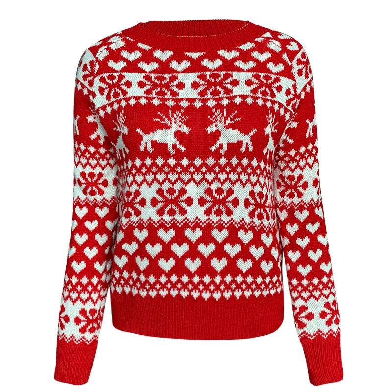 Woman wearing a reindeer snowflake knit Christmas sweater