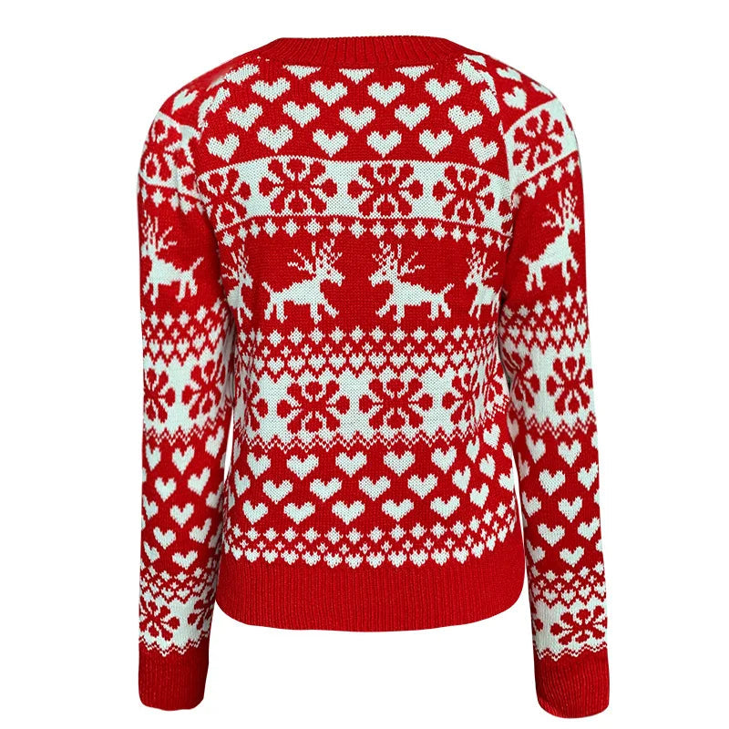Woman wearing a reindeer snowflake knit Christmas sweater