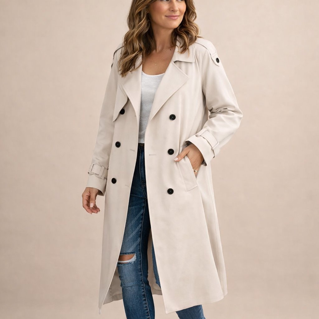 Women's double breasted belted longline trench coat with notched lapels