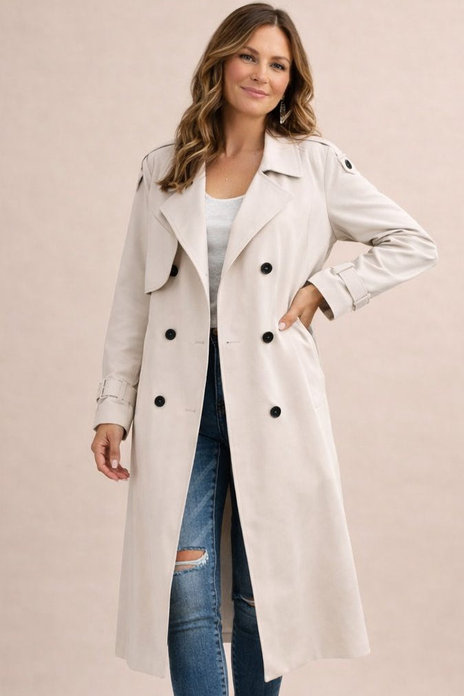 Women's double breasted belted longline trench coat with notched lapels
