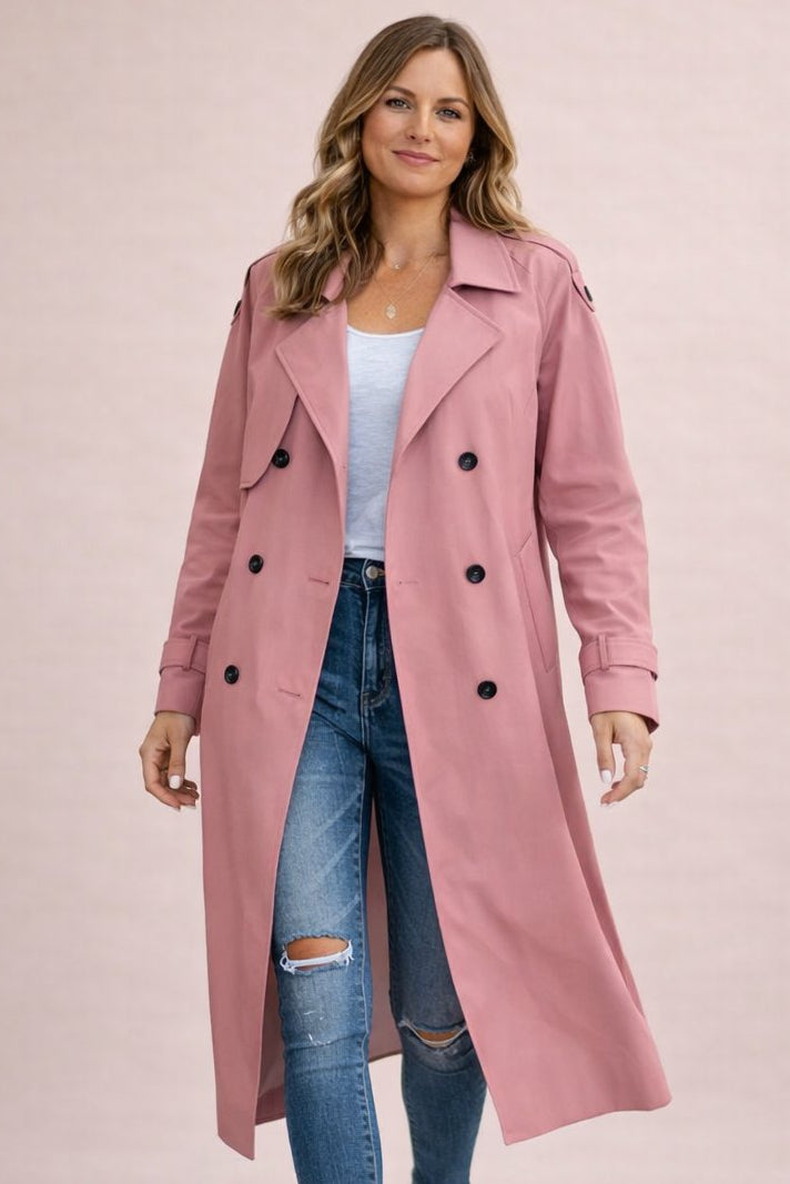 Women's double breasted belted longline trench coat with notched lapels
