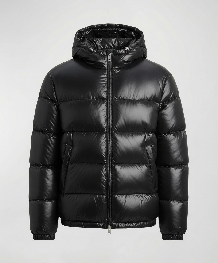 Person wearing a hooded quilted unisex puffer jacket