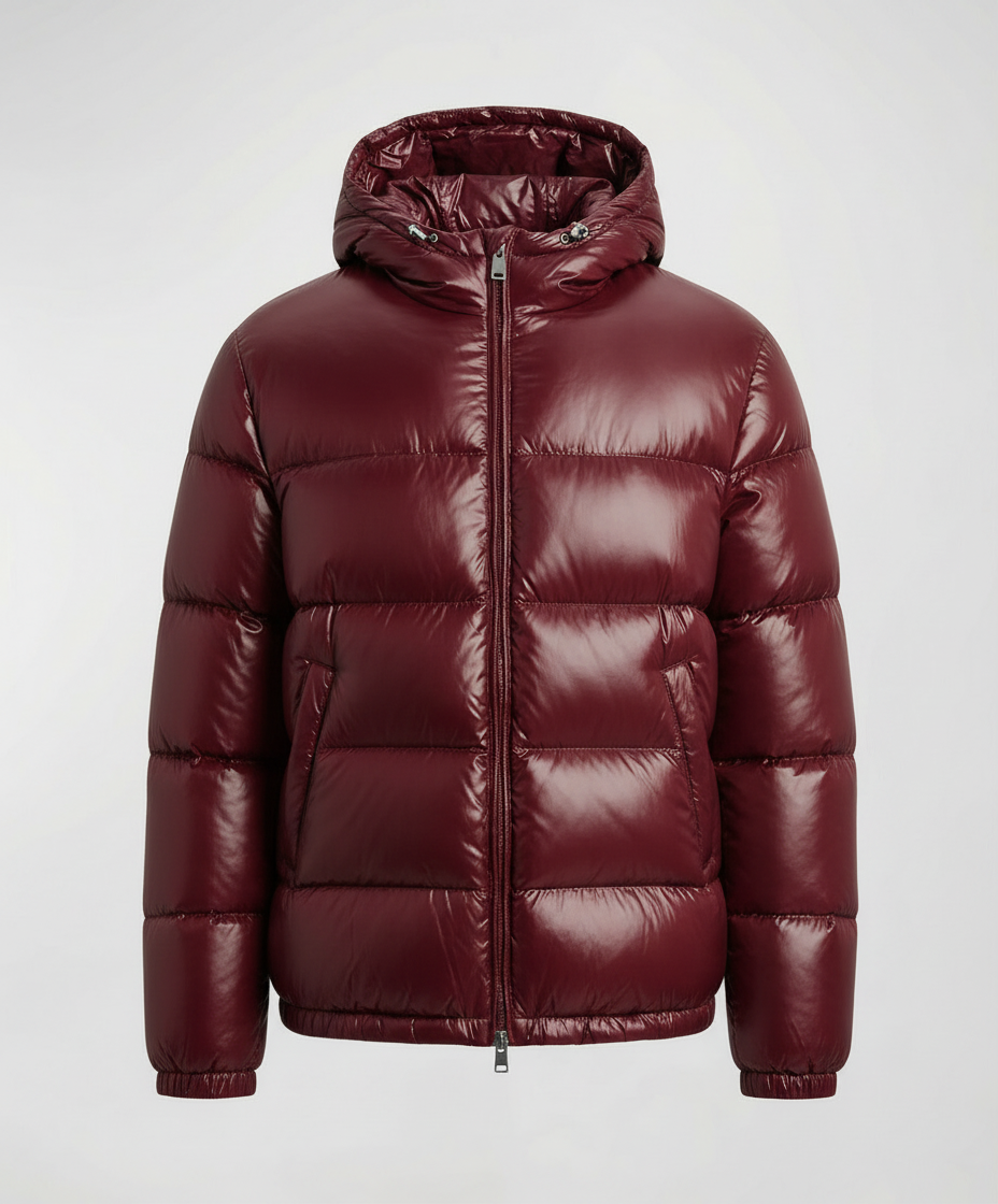 Person wearing a hooded quilted unisex puffer jacket