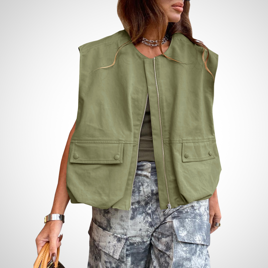 Army Green zip front vest for women.