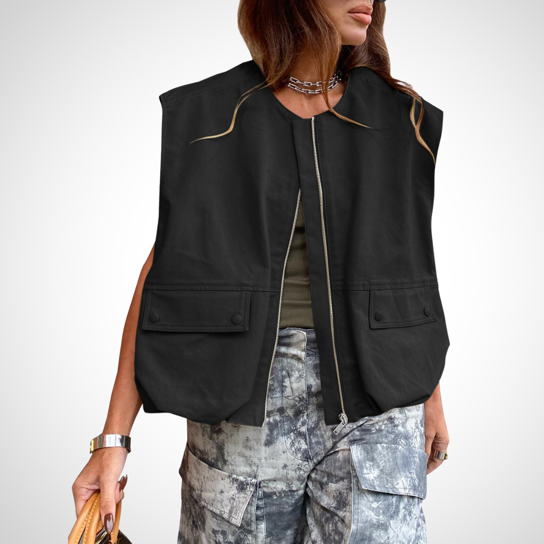 Black zip front vest for women.