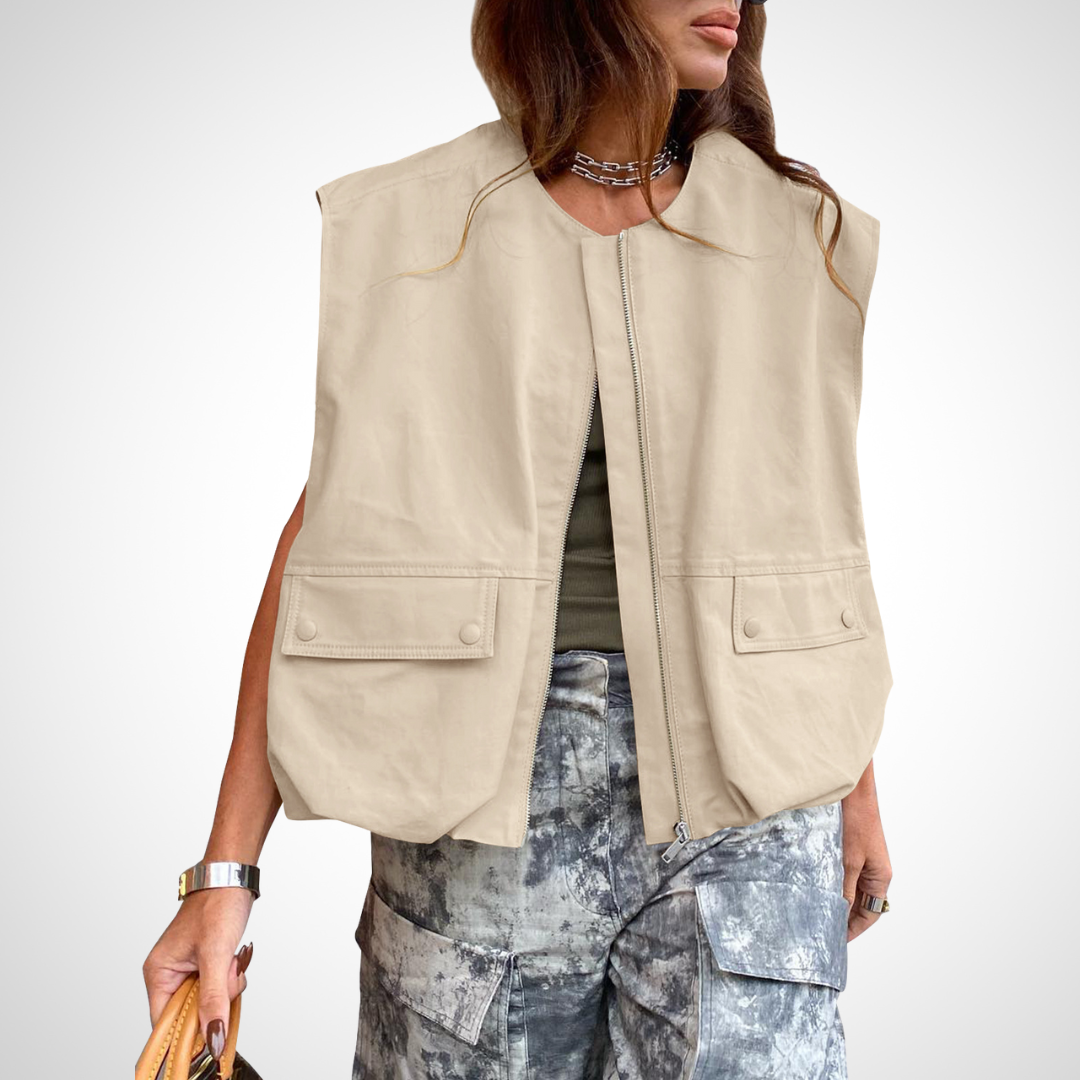 Khaki zip front vest for women.