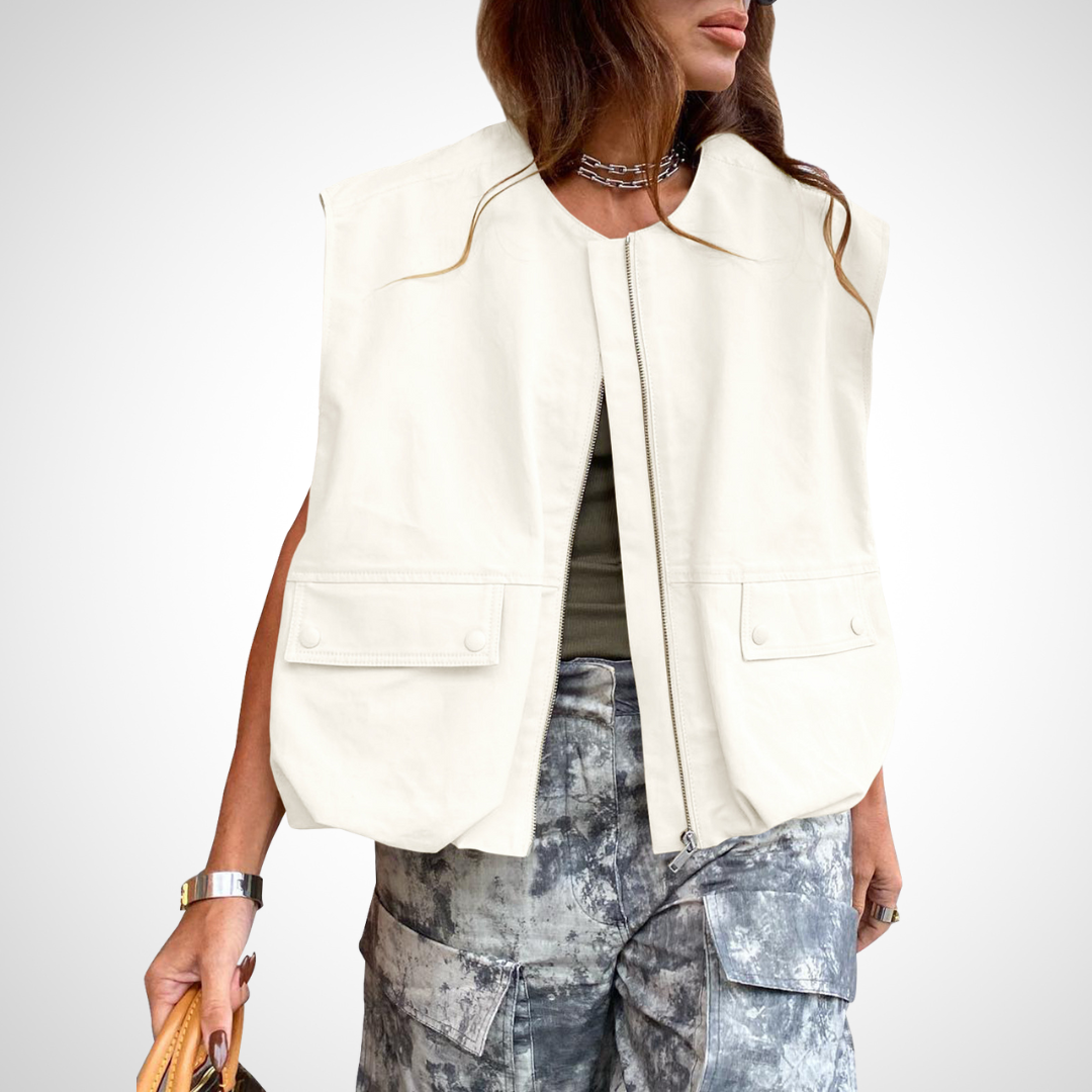Off White zip front vest for women.