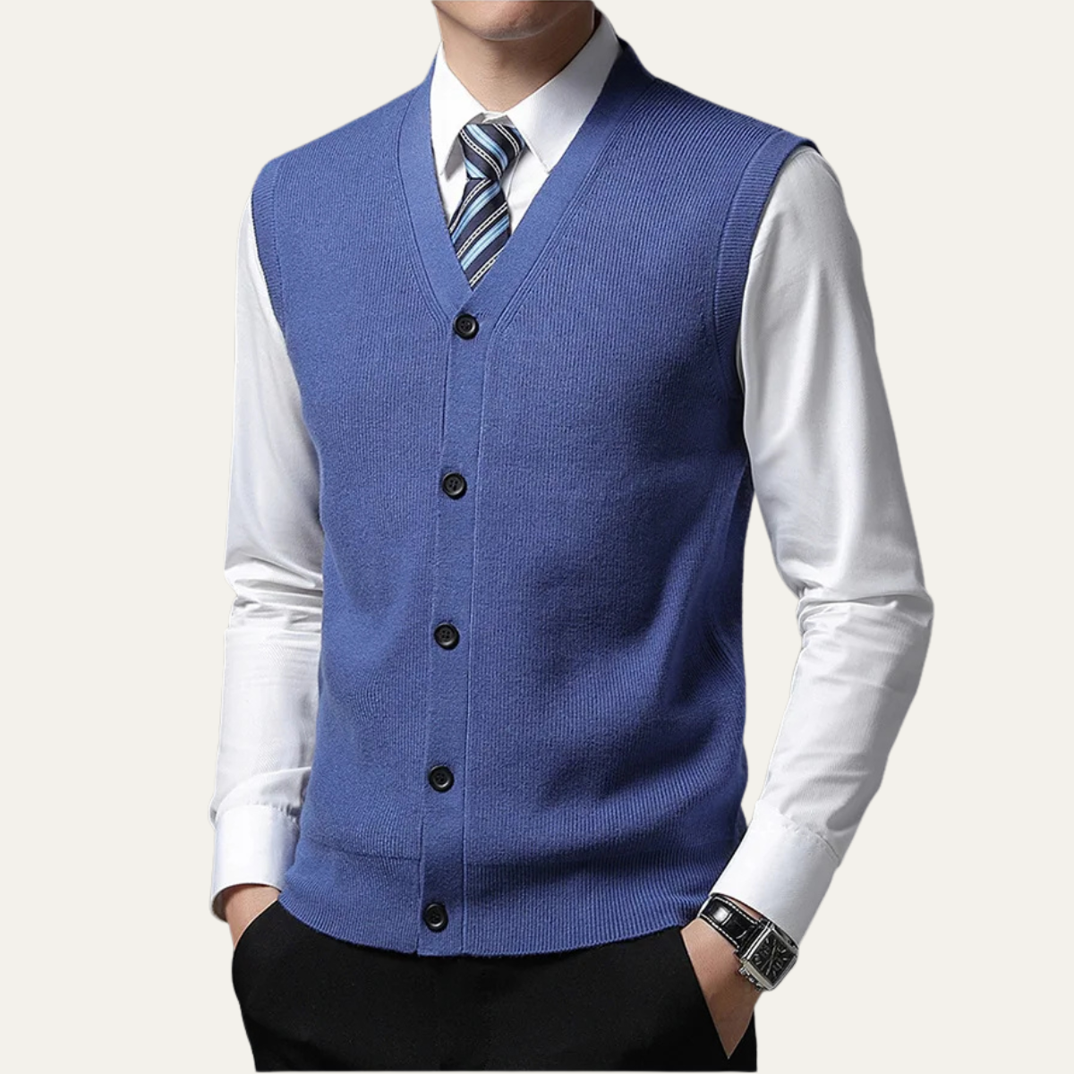 Button Front Sweater Vest for men, detail view.