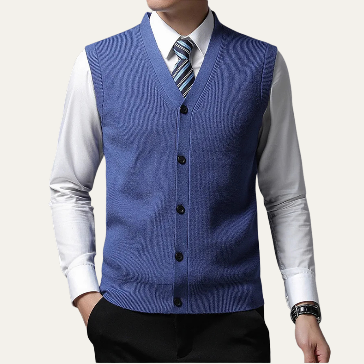 Button Front Sweater Vest for men, detail view.